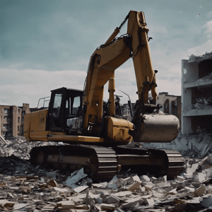 Excavator demolishing building