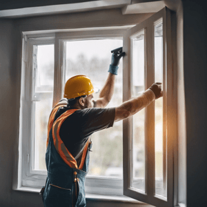 Construction worker fitting upvc window