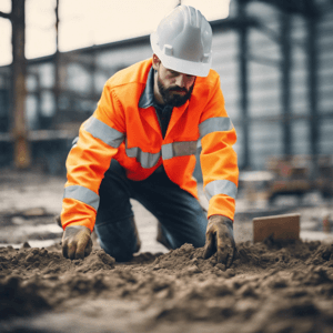 Construction worker examining floor