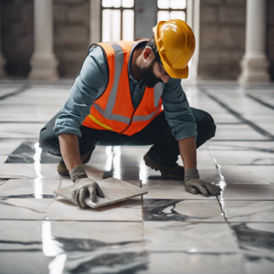 Worker fitting ceramic floor tiles
