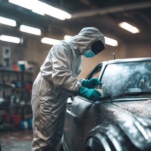 Worker spray painting a car