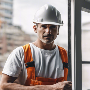 Construction worker fitting upvc window