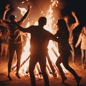 People dancing by bonfire