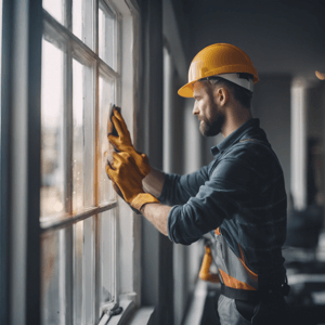 construction worker cleaning window