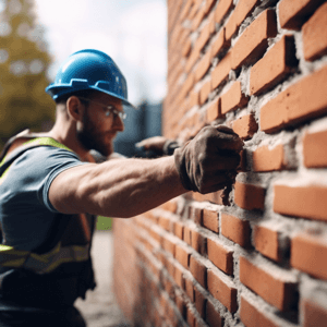 Construction worker by brick wall