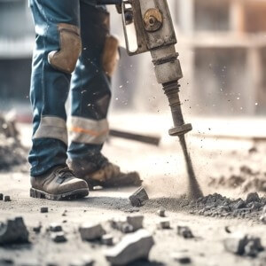 Construction worker using breaker