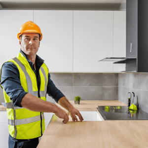 Construction worker fitting kitchen
